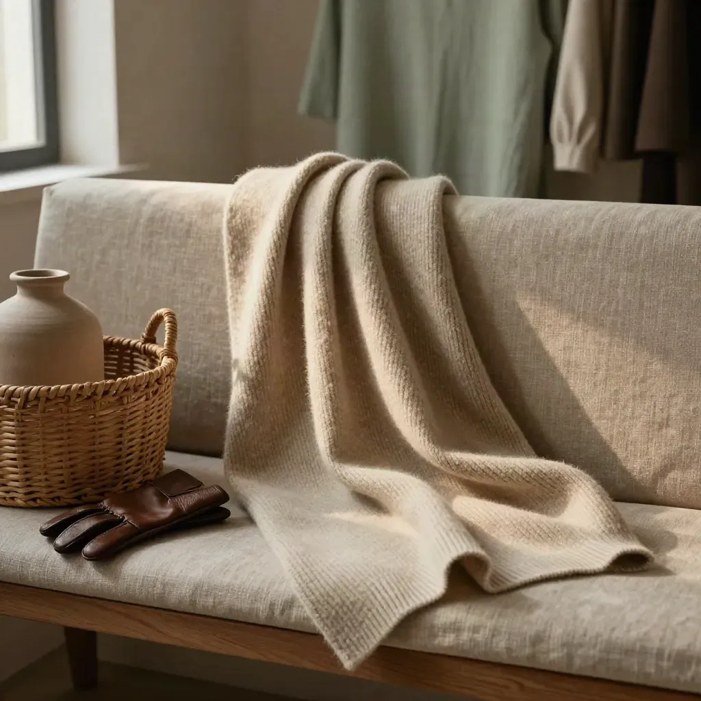 Oat cashmere wrap on a linen bench with basket, vase, and glove in warm studio haze.