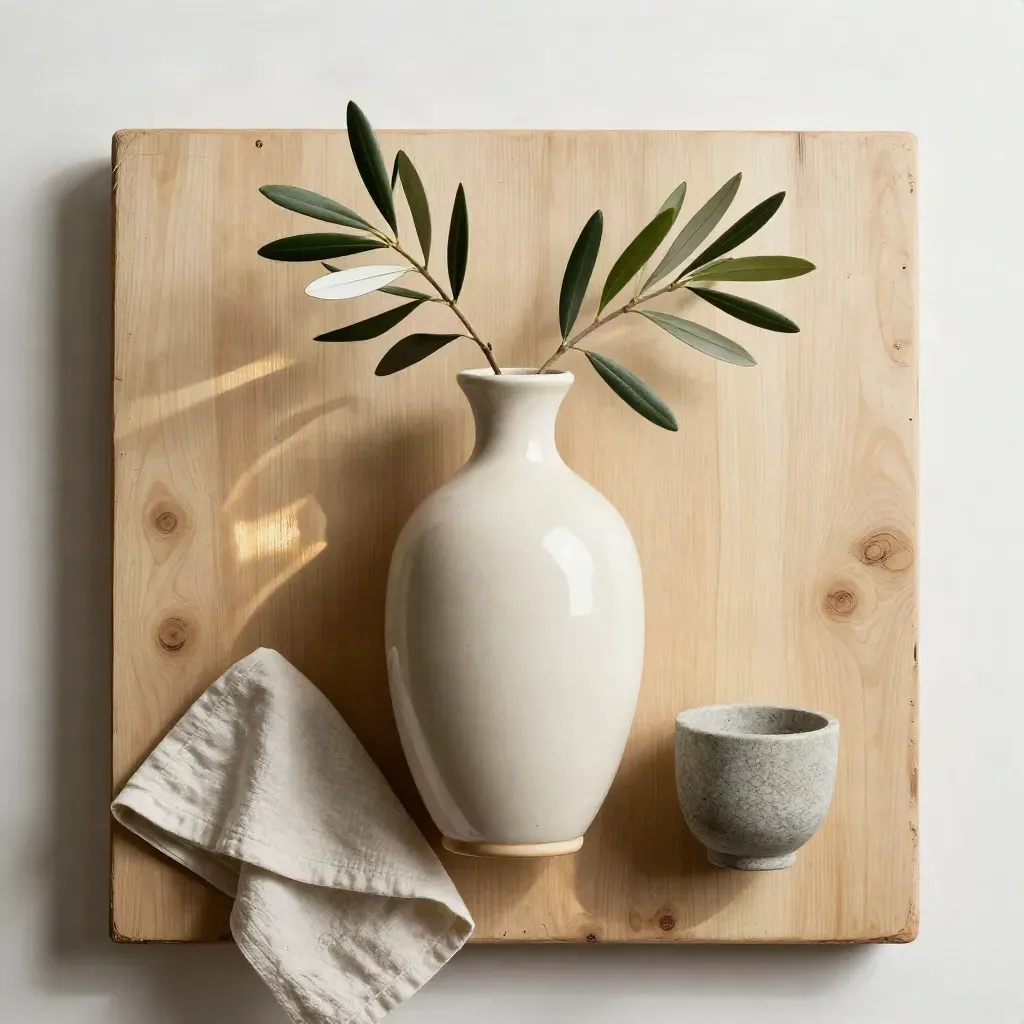 Soft ivory ceramic vase, olive branch, folded cloth and stone cup on pale wood.