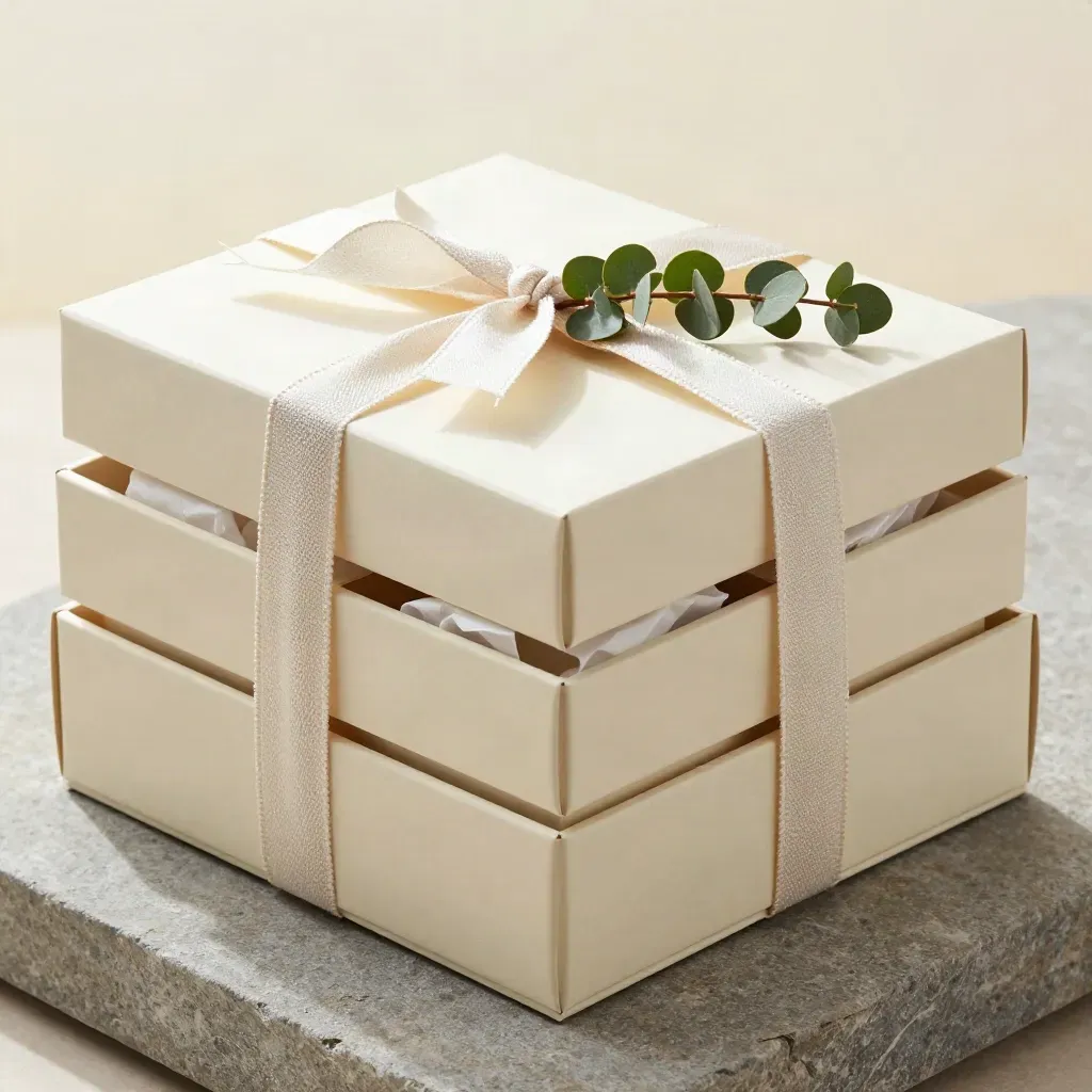 Cream gift boxes with linen ribbon, tissue paper, and greenery on stone.
