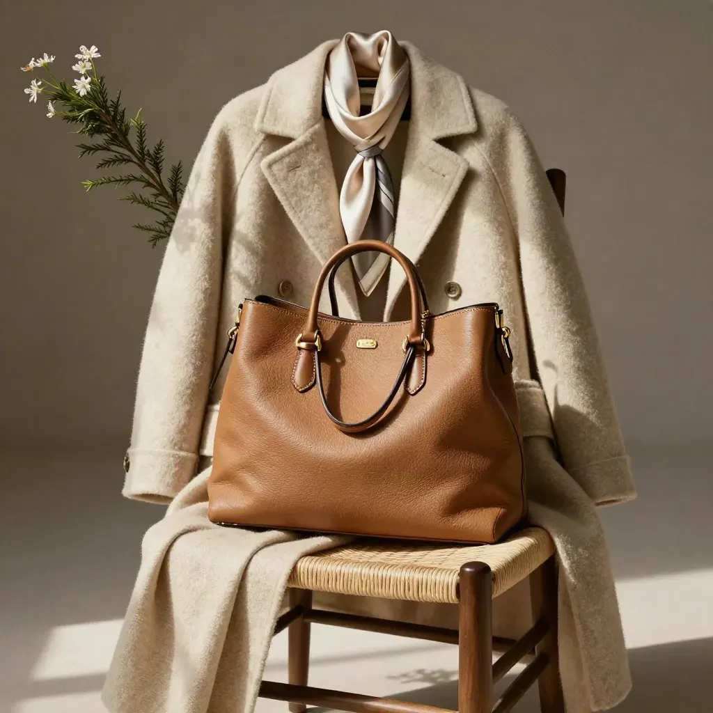 Camel coat, silk scarf, and leather bag layered on a woven chair with linen and cedar.