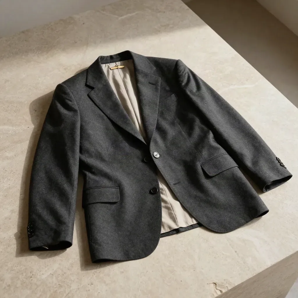 Charcoal wool blazer flatlay on travertine with linen square and brass cufflink