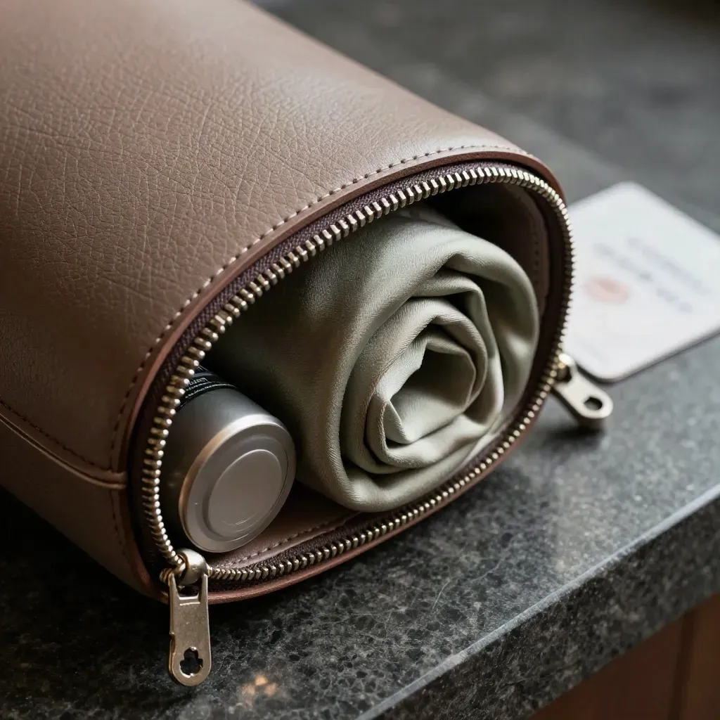 Taupe leather travel pouch partly open with scarf, bottle, and key loop on a dark stone shelf.