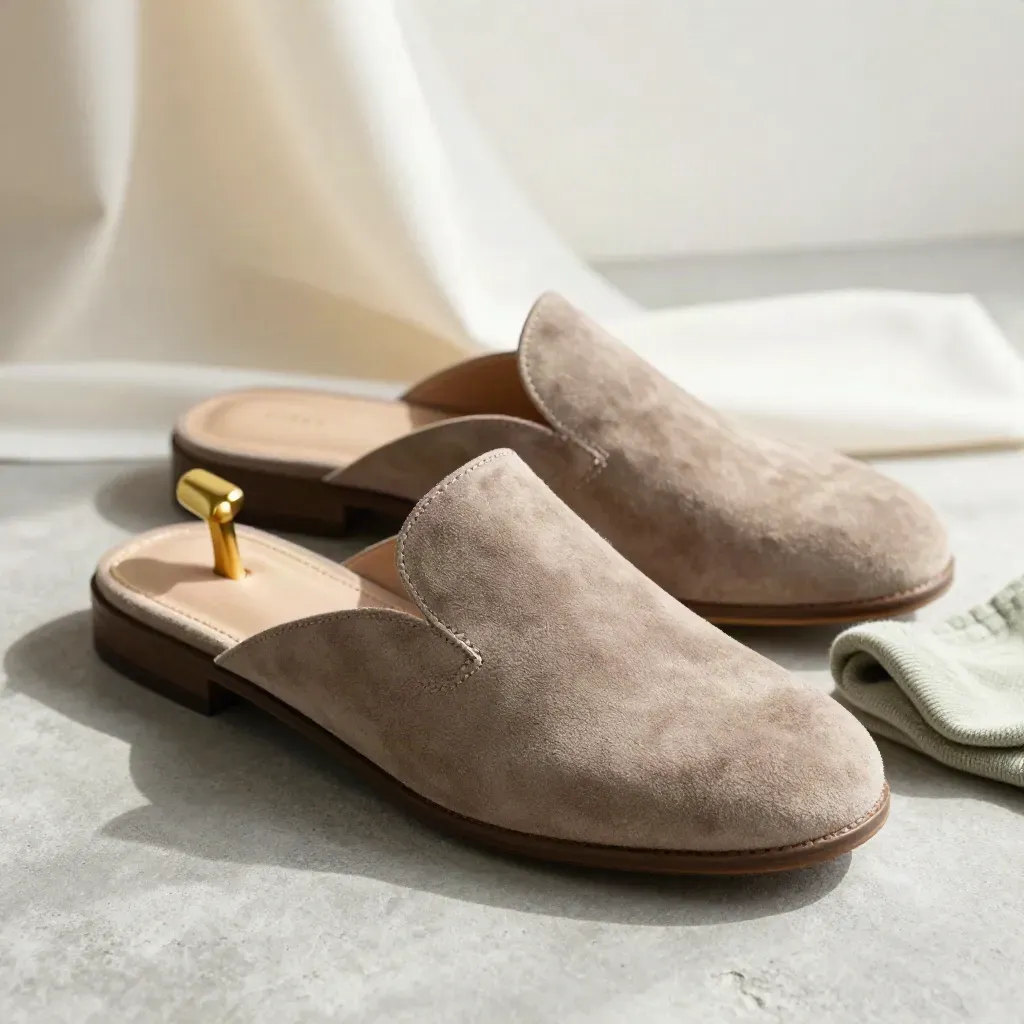 Taupe suede mules with brass shoehorn and folded sock on wool runner