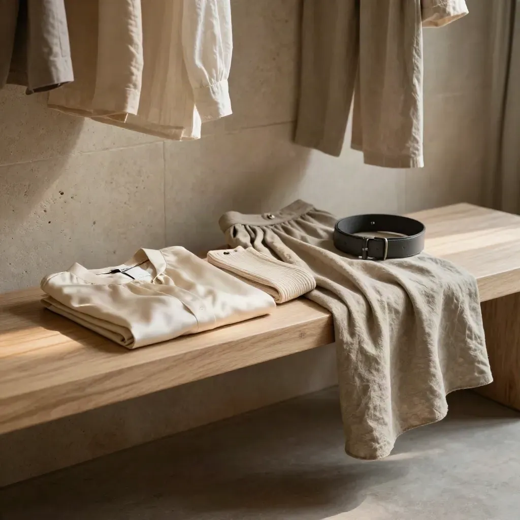 Warm limestone interior with oak bench, linen panel, and softly layered garments in morning light.