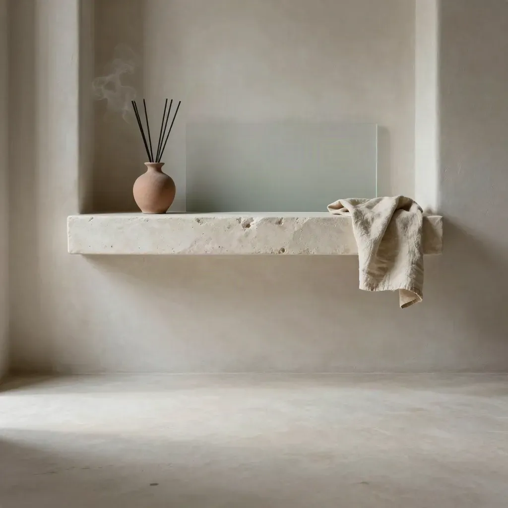 Sunlit home fragrance room with a stone pedestal, diffuser reeds, and misted glass.