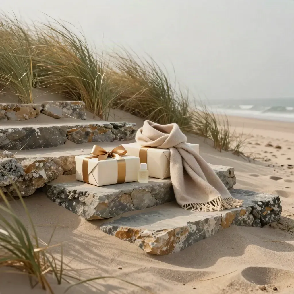Coastal dune garden steps with beach grass and elegant gift sets in warm golden light.