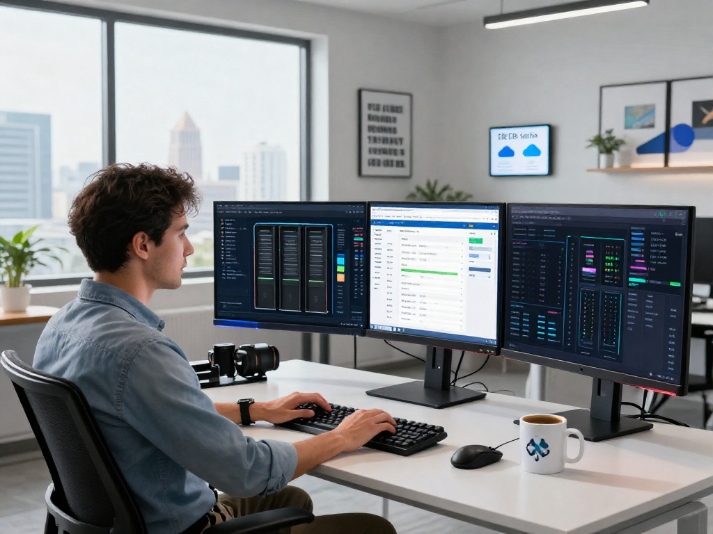 Optimized VPS Hosting en México setup with IT professional managing multiple servers in a modern workspace
