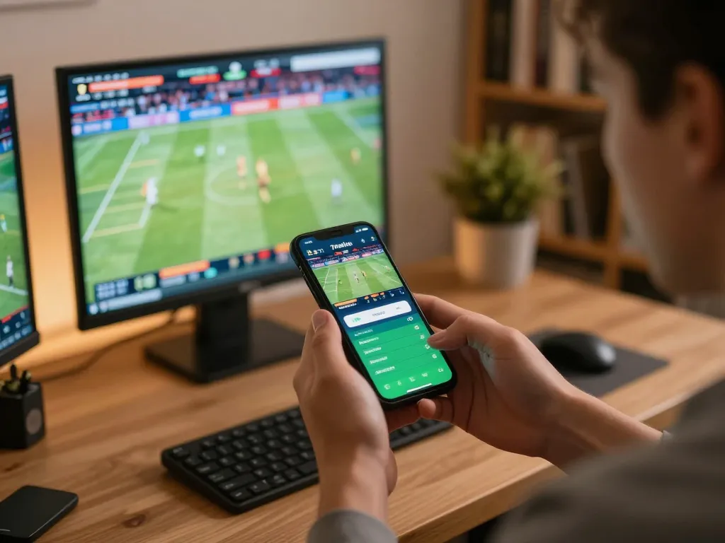 Engaging sports betting moment showcasing 7meter parlay app in action on smartphone with dynamic match visuals