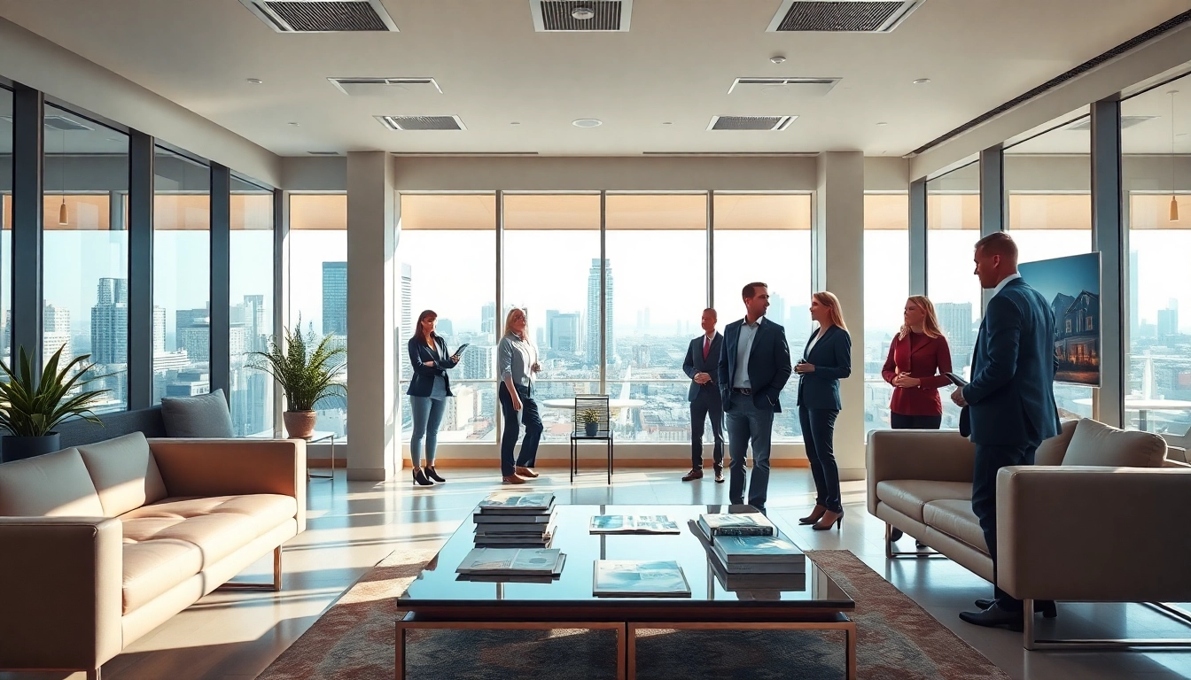 Real Estate agents discussing with clients in a modern office environment