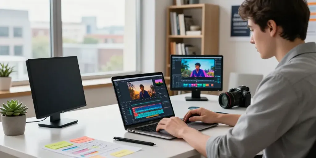Creative workspace showcasing an innovative AI text to video generator in use by a focused content creator.