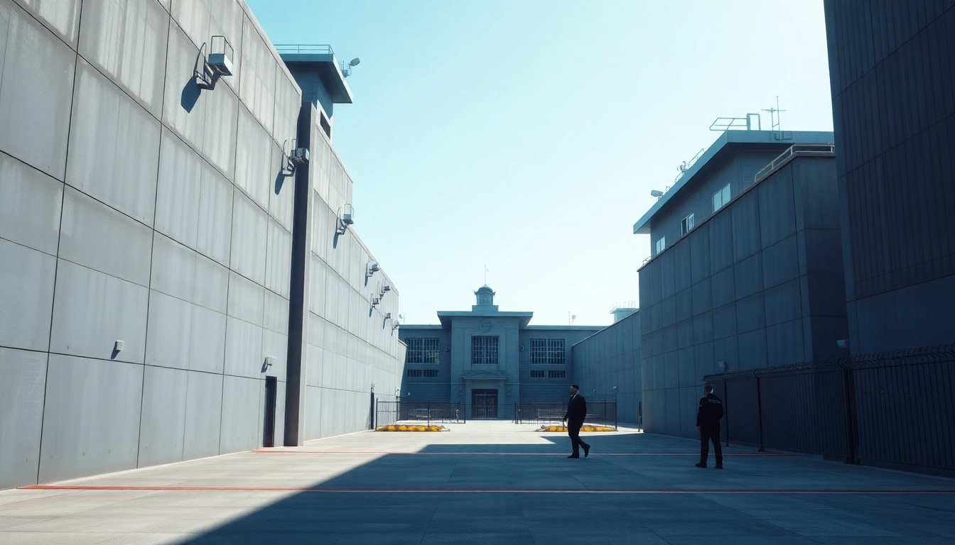 View of OC Jail showcasing security features and authority in a modern urban setting.