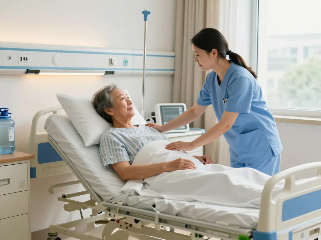 Elderly patient in a giường bệnh nhân receiving care in a well-lit hospital room.