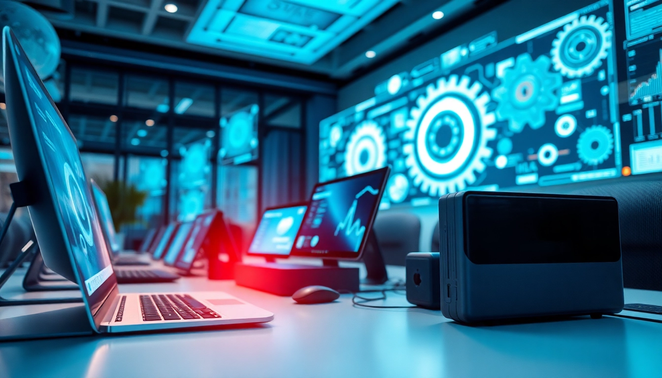 Showcasing technology-driven workspace featuring modern devices and innovative design elements.