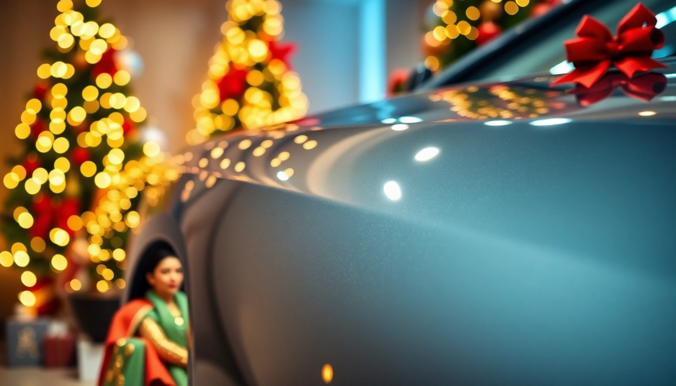 Presenting a Christmas car detailing gift with a shining car surrounded by holiday decorations.