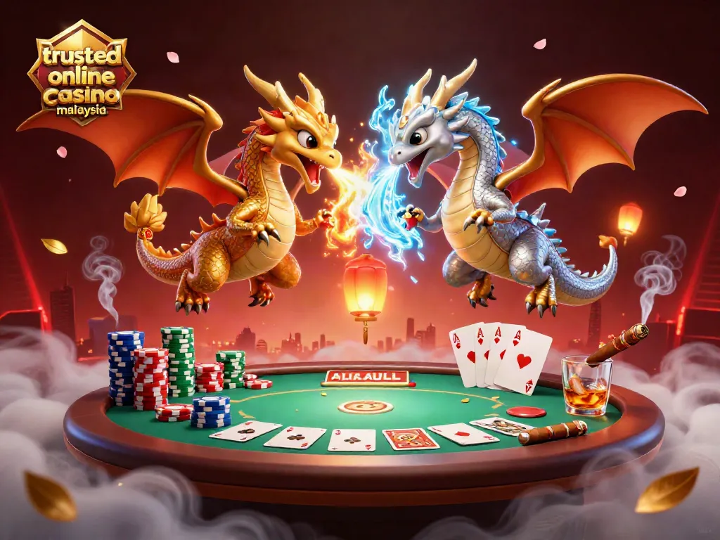 Experience the excitement at trusted online casino Malaysia with a dynamic scene featuring powerful dragons and poker elements.