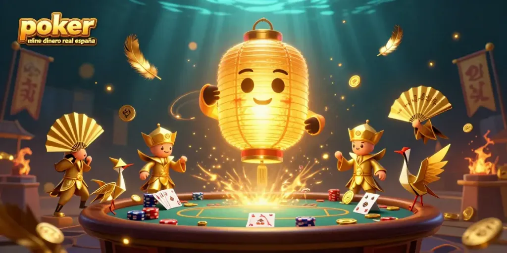 Juega póker online dinero real España en un casino vibrante con personajes fantásticos y elementos de juego.