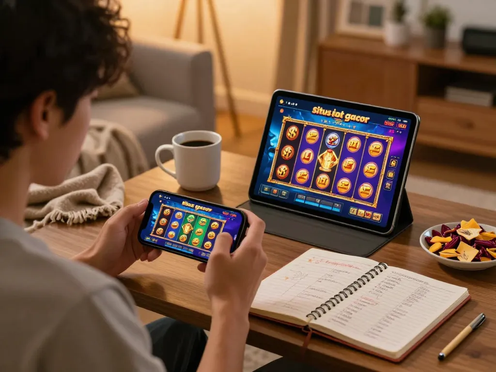 Player enjoys situs slot gacor gaming on tablet in a cozy home setting