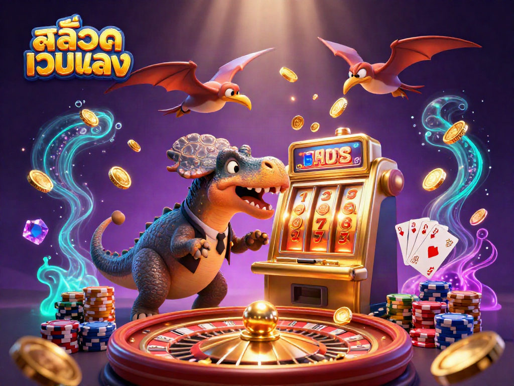 Engage with สล็อตเว็บตรง as a dinosaur smashes a slot machine for a jackpot in this vibrant casino illustration.