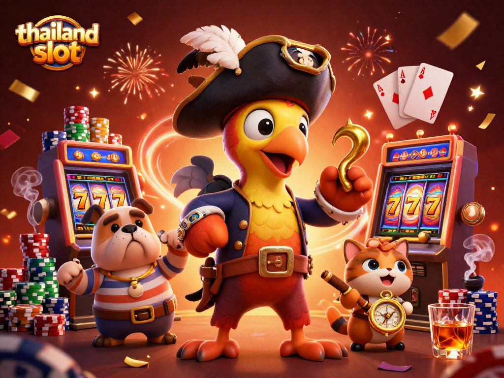 Experience excitement with thailand slot, featuring cartoon pirate captain and gambling elements in vibrant scene.