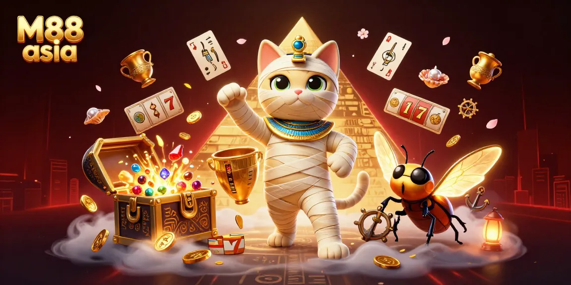 Experience the thrill of gaming with M88 asia, featuring a mummy cat and golden treasures.