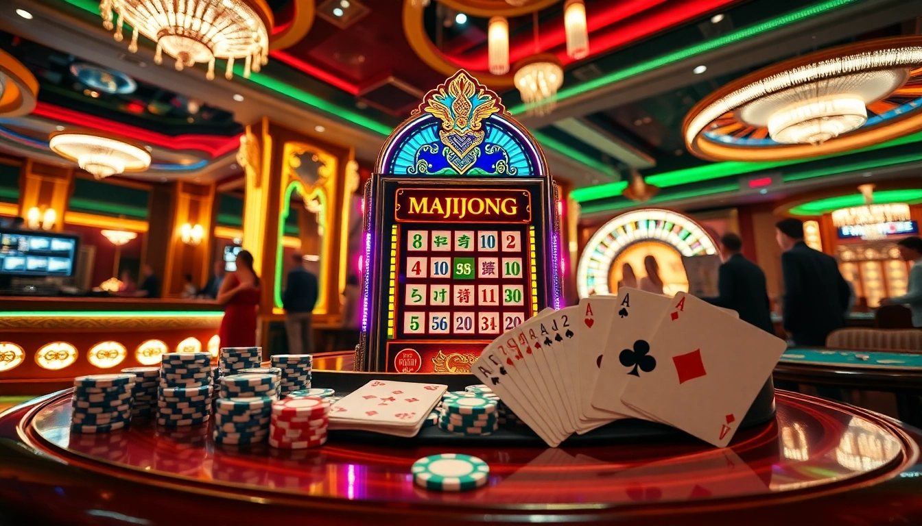 Experience the thrill of slot demo mahjong at a luxurious casino featuring vibrant visuals and excited players.