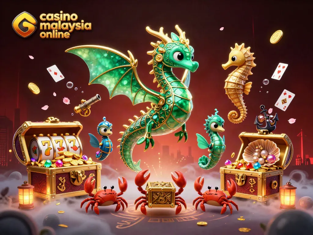 Engage with casino malaysia online through a vibrant 3D illustration showcasing a leafy sea dragon and dynamic game elements.