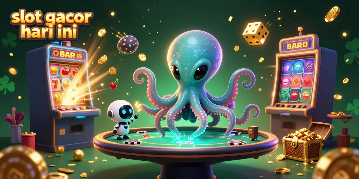 Ilustrasi slot gacor hari ini dengan alien dan robot merayakan jackpot slot.
