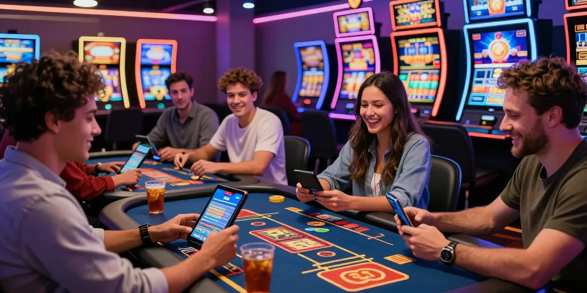 Players enjoying fun at credit card casinos while using Visa and Mastercard for deposits in a vibrant gaming environment filled with slot machines.