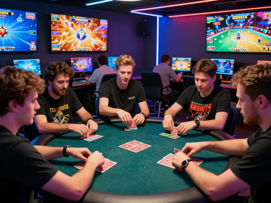 Exciting gaming atmosphere of GAME BÀI hubet88 with players engaged in card games and vibrant screens