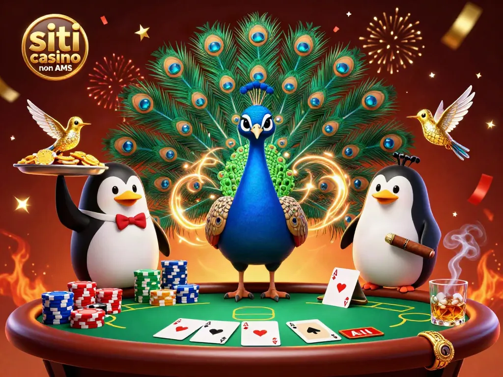 Giocando nei siti casino non AAMS: esibizioni di un pavone aristocratico con un butler pinguino e un colibrì d'oro.