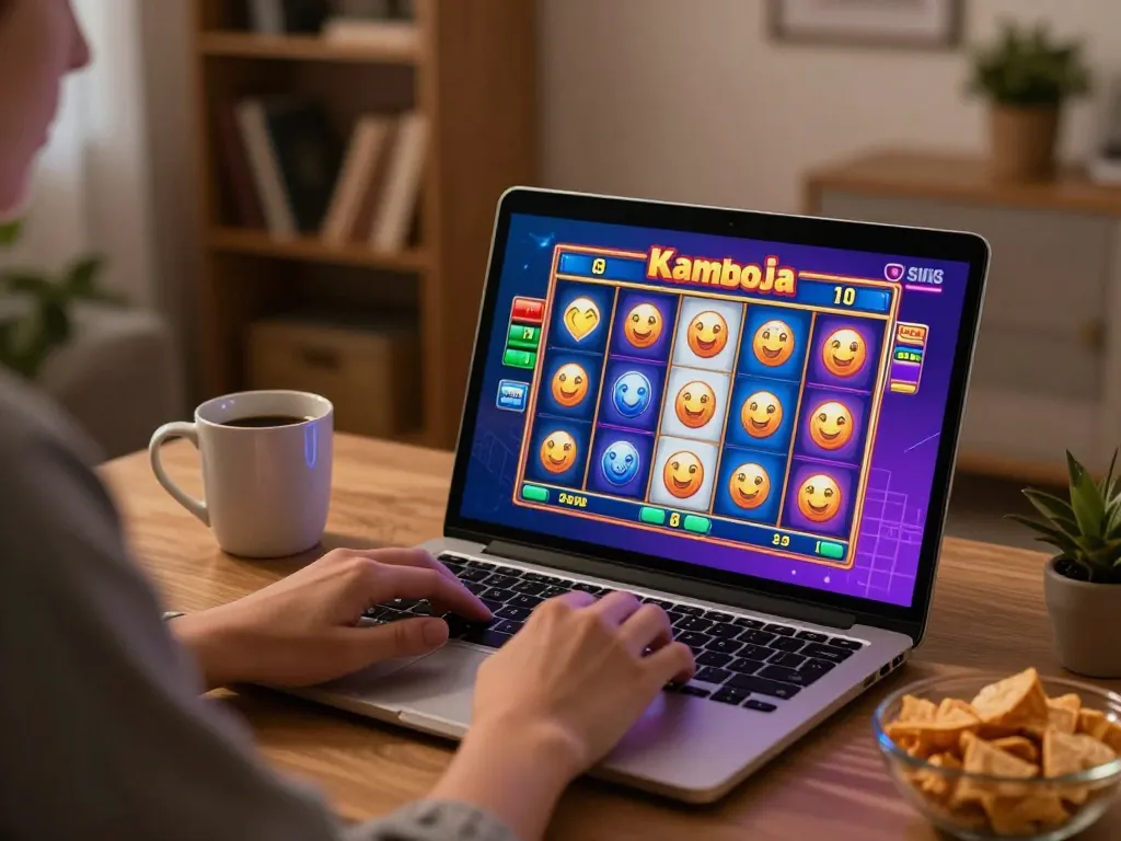 Playing slot kamboja online at home with colorful game interface and cozy setting.