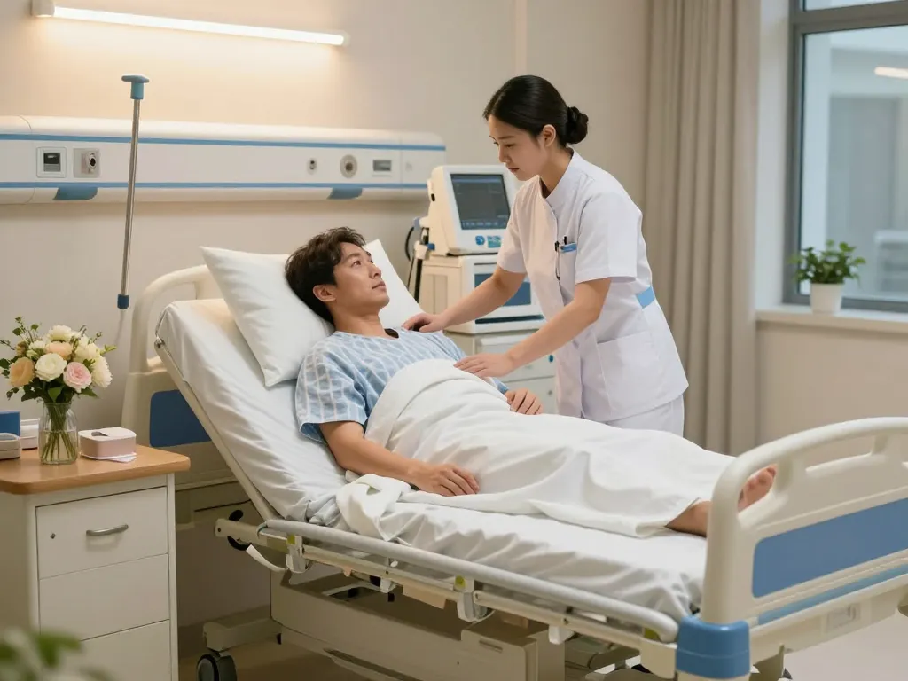 Patient utilizing a giường bệnh nhân in a warm hospital setting, attended by supportive nurses.