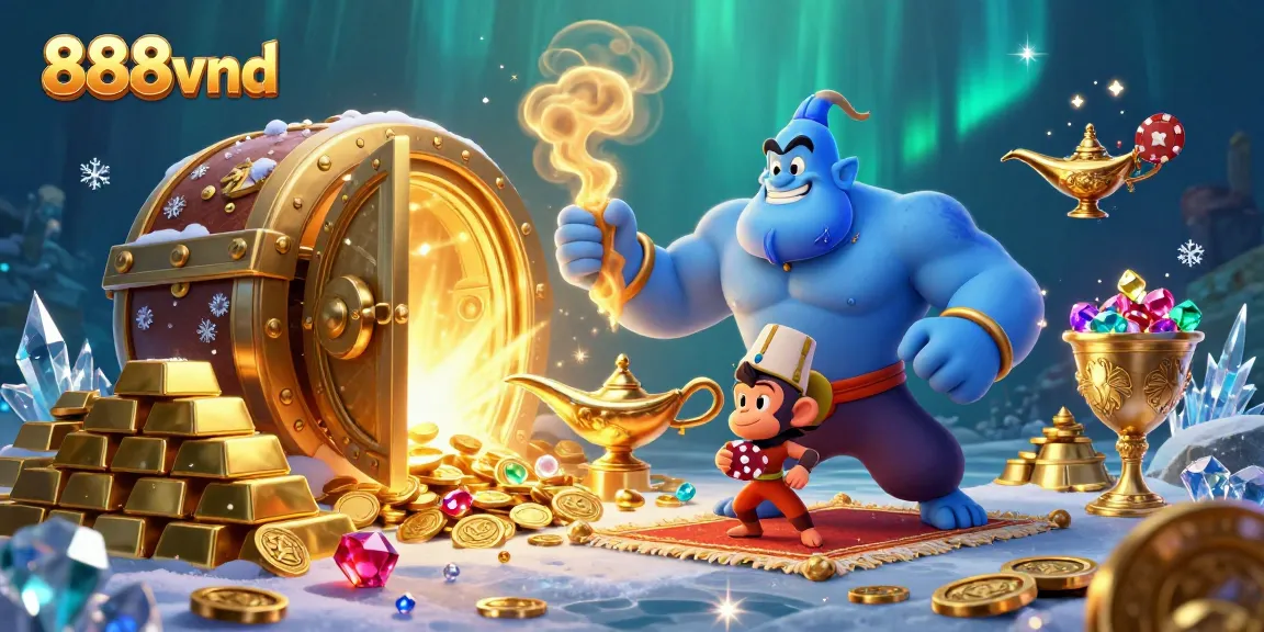 Experience thrilling jackpots with 888vnd, featuring a magical genie and treasure in an enchanting casino scene.