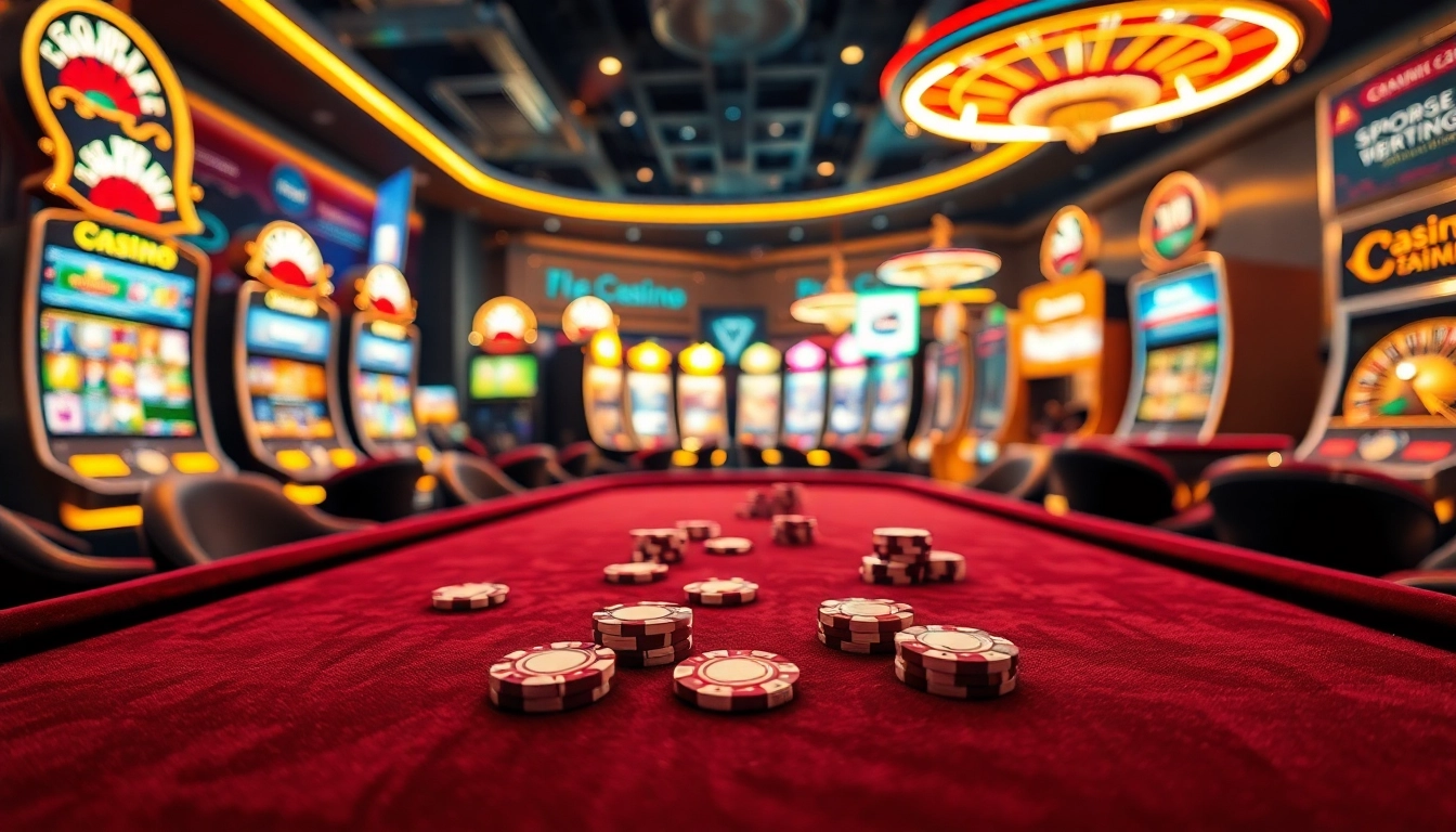 Scène captivante de casino en ligne 2026 avec des tables de poker élégantes, des machines à sous vibrantes et des roues de roulette dynamiques.