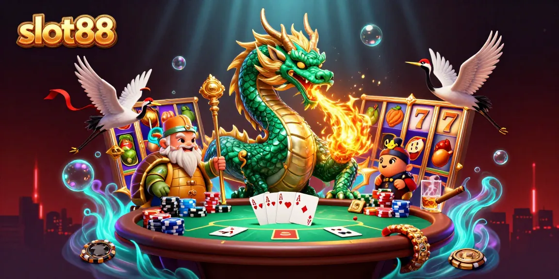 Mainkan slot88 dengan simbol keberuntungan dalam ilustrasi kasino yang penuh warna.