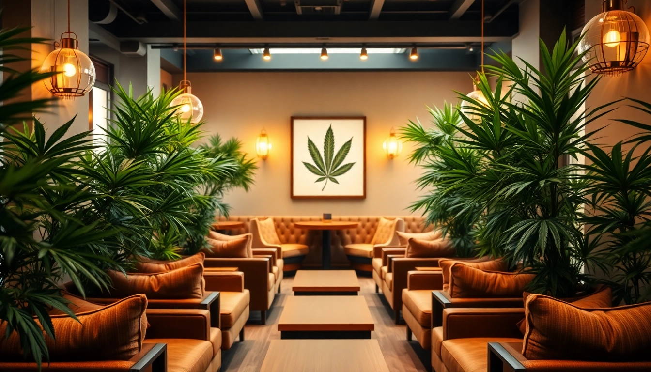 Meltz Cannabis Club Madrid atmosphère relaxante avec fauteuils modernes et décor verdoyant.