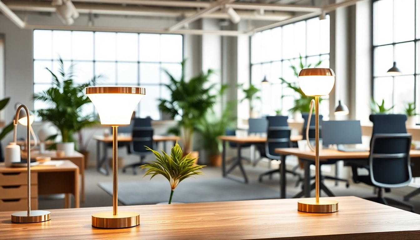 Showcase of ELC Lamps Online in a modern workspace featuring sleek designs and vibrant lighting.