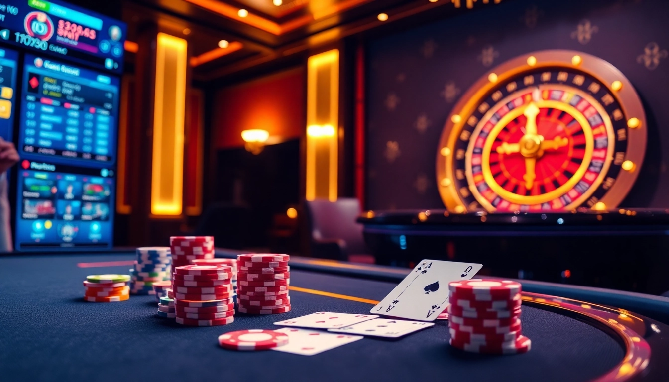 Jeu captivant de casino en ligne 2026, mettant en avant des jetons de poker et une roulette dans un cadre luxueux.