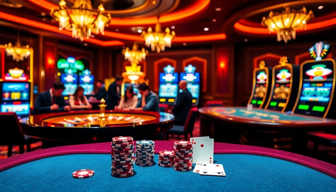 Scène excitante de casino en ligne 2026 mettant en vedette des joueurs aux tables et des machines à sous vibrantes.