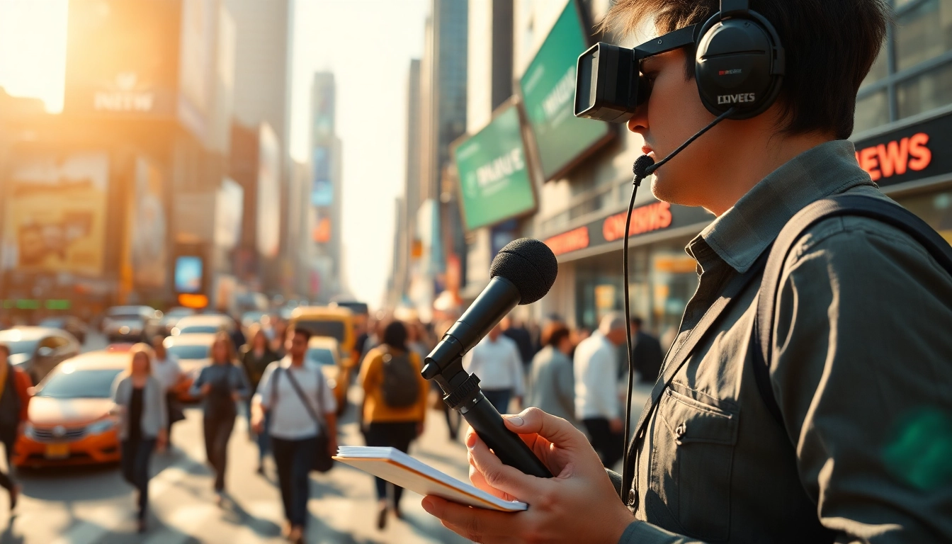 Reporters covering news in a vibrant city scene, showcasing urgency and excitement.