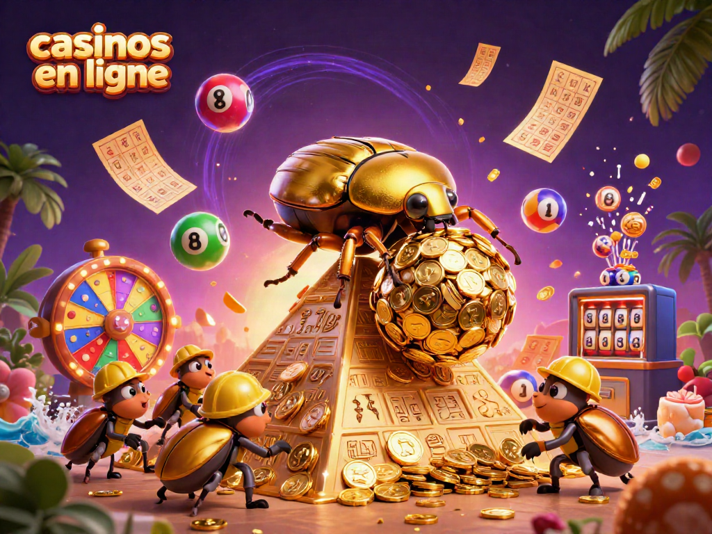 Jouer aux casinos en ligne avec des machines à sous en affichant des boules de loto colorées et des billets d'or.
