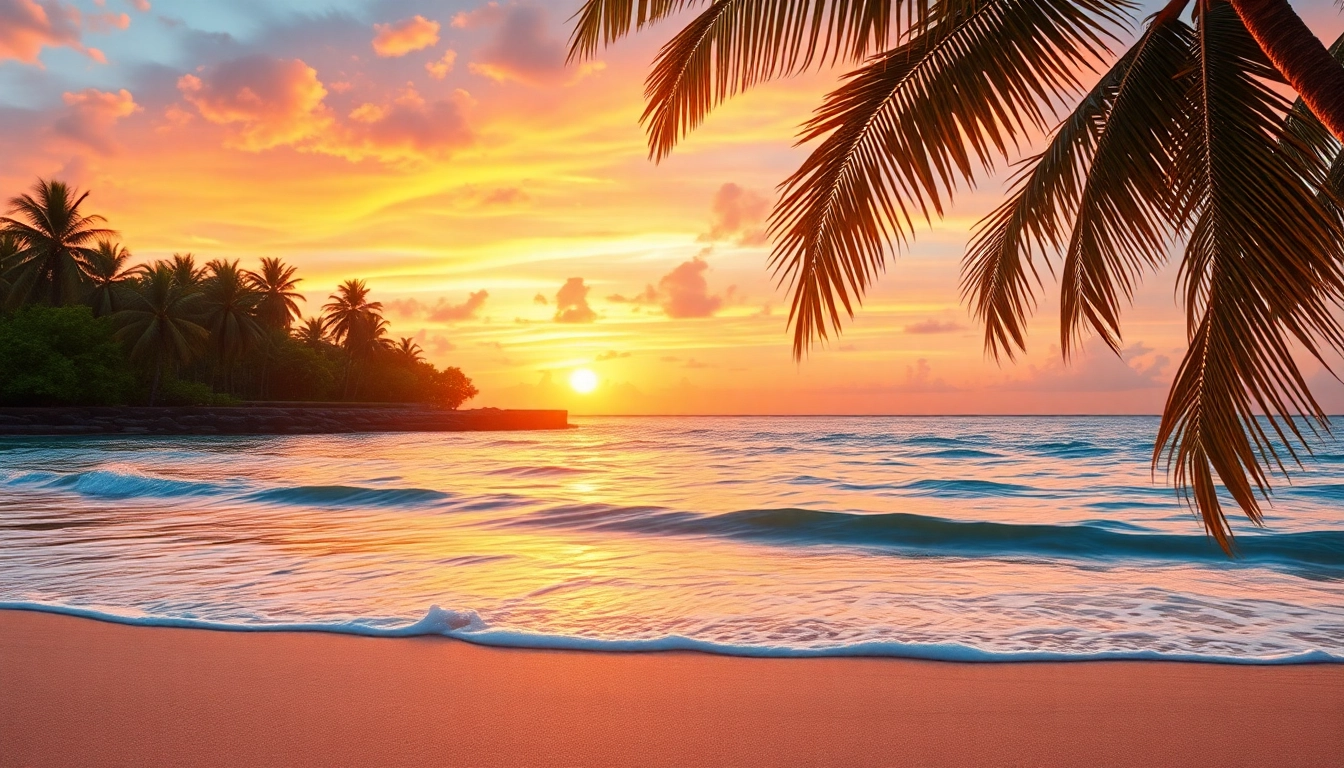 Bright island light illuminating a serene beach at sunset, creating a warm and inviting atmosphere.