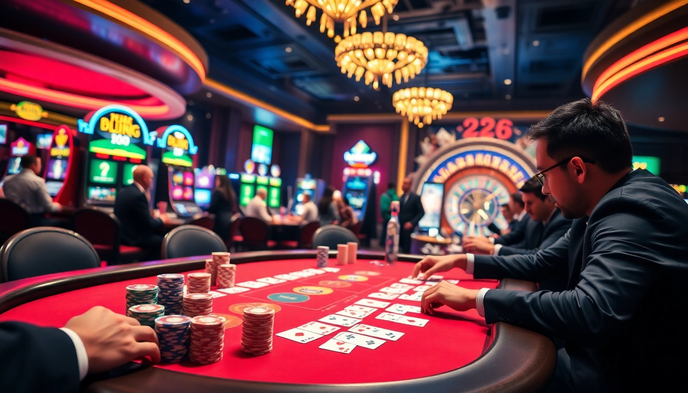 Action de jeu intense dans un luxueux casino en ligne 2026 avec des tables de poker et des machines à sous.