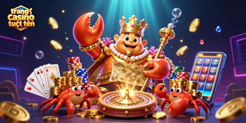 Trải nghiệm trang chơi casino trực tuyến với hình ảnh hoàng đế cua vàng và những đồng xu bay lượn.