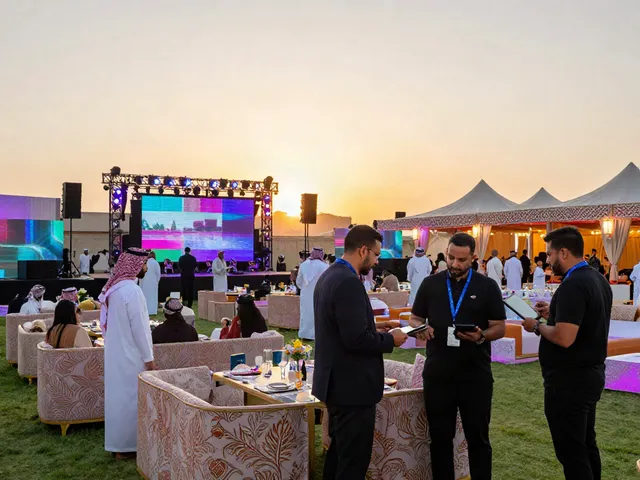 Event rentals setup at a vibrant outdoor venue in Saudi Arabia showcasing premium furniture and decor.