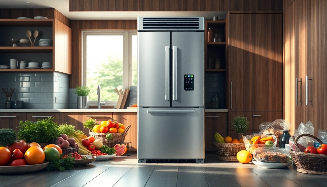 Showcasing a modern freezer among vibrant ingredients, emphasizing efficient food storage.