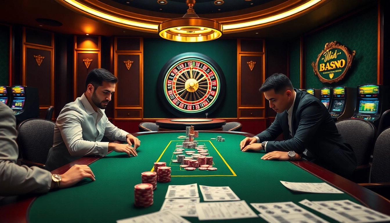 MM88 players enjoying a thrilling poker game with vibrant chips and roulette in the background.