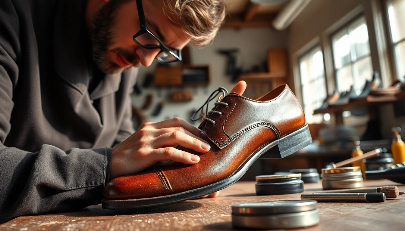 Shoe repair by ScuffDoc, showcasing skilled craftsmanship in a modern workshop environment.