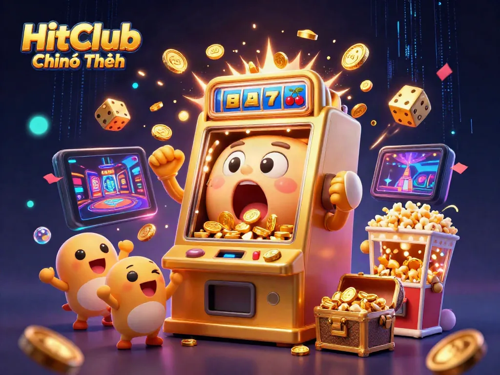 Experience the thrilling vibes of HitClub Chính Thức with a golden slot machine hitting a jackpot!
