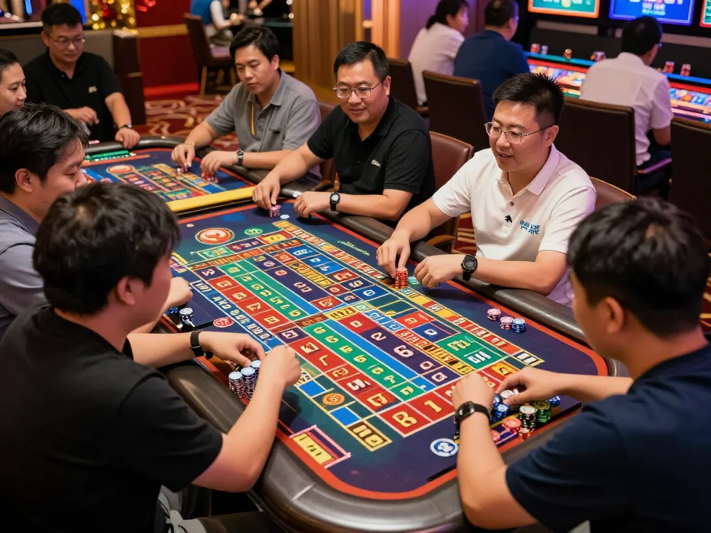 Sesi permainan Toto Macau dengan pemain antusias menganalisis papan angka dan memasang taruhan.